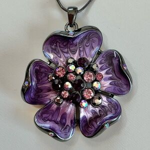 Boho Purple Enamel & Crystal Flower Statement Necklace Gunmetal